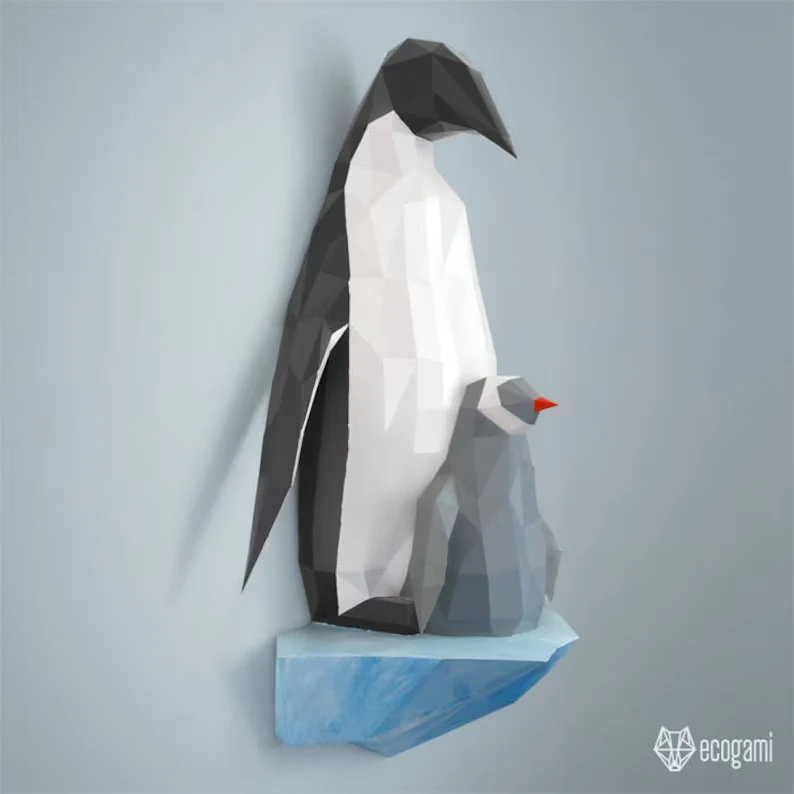 Penguin papercraft sculpture, printable 3D puzzle, 3D papercraft Pdf template to make your penguin wall art