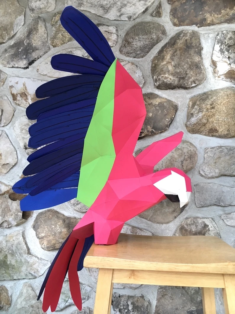 Parrot with open wings papercraft. You get a PDF digital file templates & instructions for this DIY (do it yourself) modern paper sculpture.