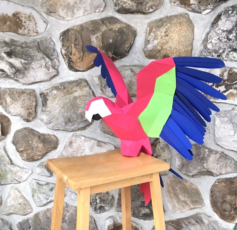 Parrot with open wings papercraft. You get a PDF digital file templates & instructions for this DIY (do it yourself) modern paper sculpture.