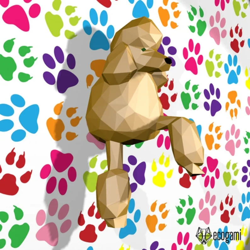 Poodle papercraft sculpture, printable 3D puzzle, papercraft Pdf template to make your poodle dog wall décor
