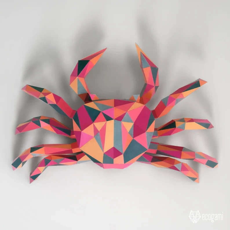 Crab papercraft sculpture, printable 3D puzzle, papercraft Pdf template to make your marine life decor