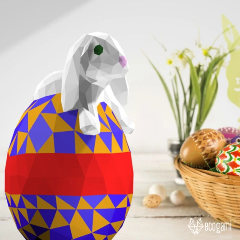 Easter bunny egg papercraft sculpture, printable 3D puzzle, papercraft Pdf template to make your Easter decor