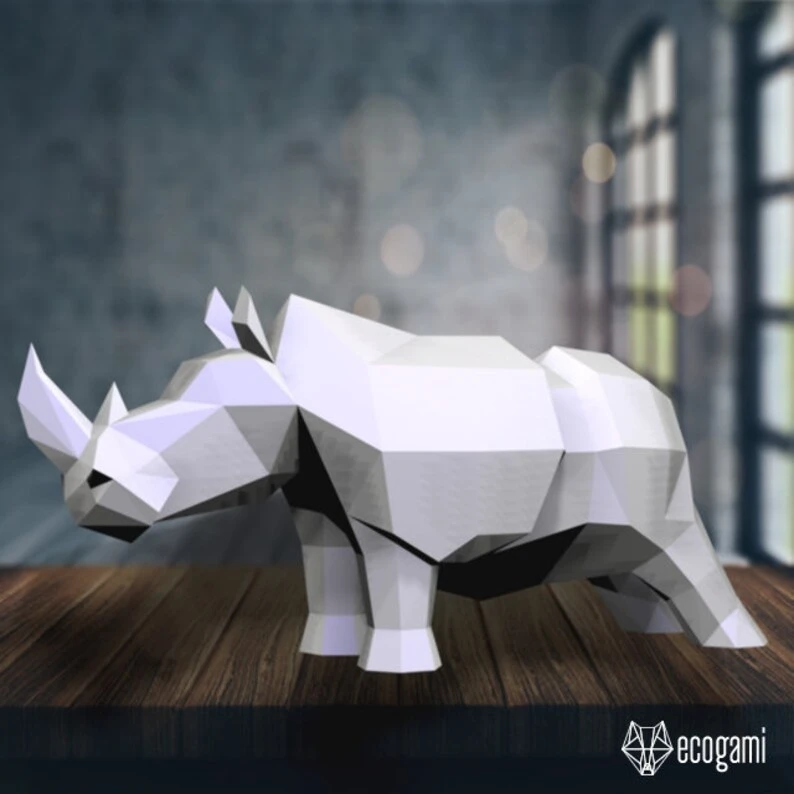 Rhino paper sculpture, printable papercraft puzzle, 3D papercraft Pdf template to make your African art