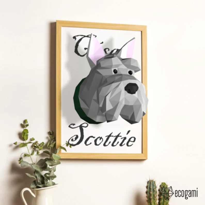 Scottie papercraft sculpture, printable 3D puzzle, papercraft Pdf template to make your Scottish Terrier dog wall décor