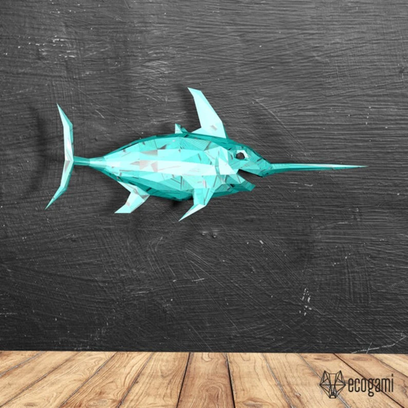 Swordfish papercraft sculpture, printable 3D puzzle, papercraft Pdf template to make your marine life decor