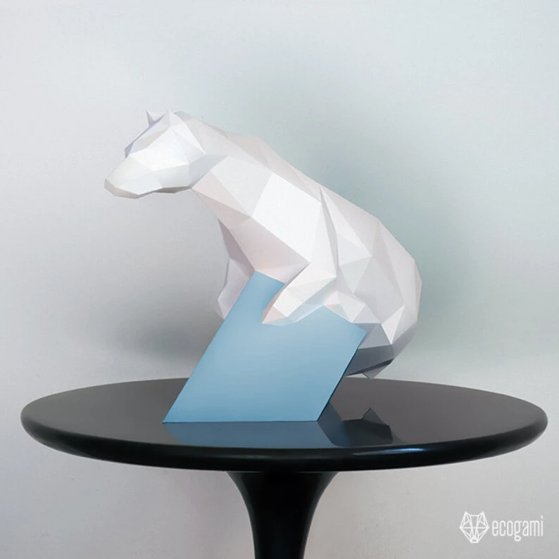 Polar bear papercraft sculpture, printable 3D puzzle, papercraft Pdf template to make your white bear decor