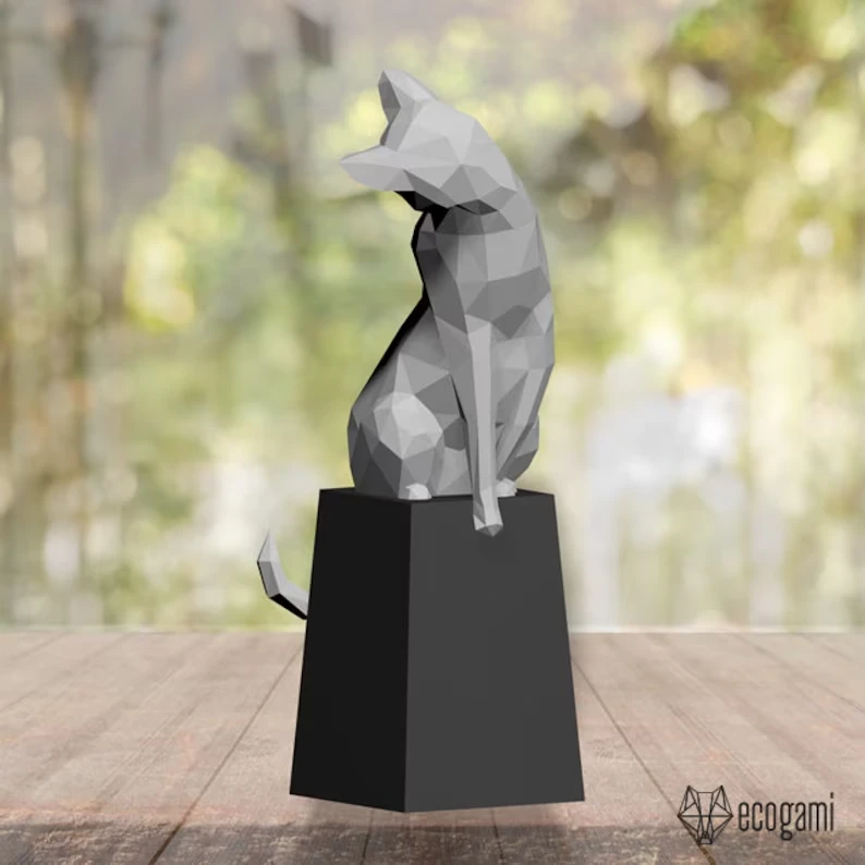 Grooming cat papercraft sculpture, printable 3D puzzle, papercraft Pdf template to make your cat sculpture