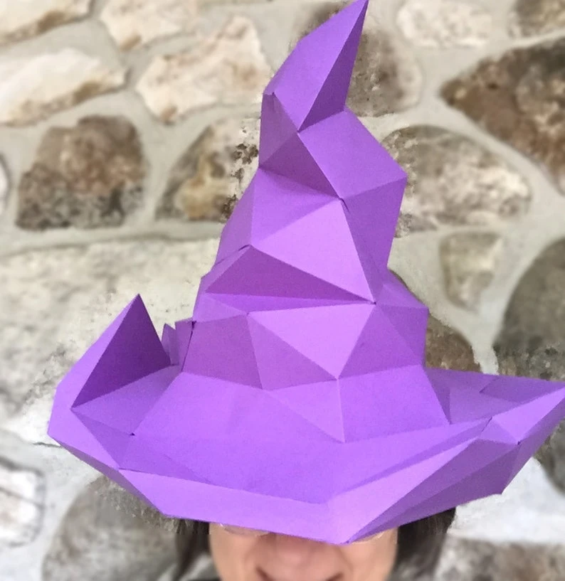 Sorcerer's witch hat 3D papercraft. You get PDF digital file templates and instructions for this DIY modern paper sculpture.