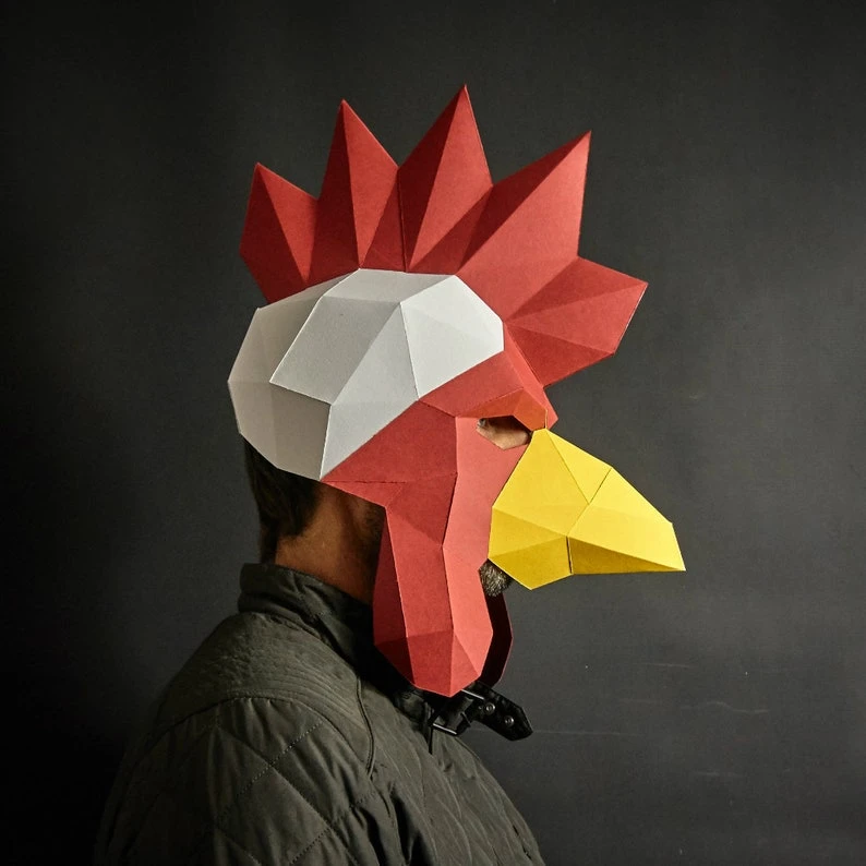 Rooster or Cockrill 3D Papercraft Mask Template, Low Poly Paper Mask, Unique Halloween Costume, Animal Mask, Cosplay PDF Pattern