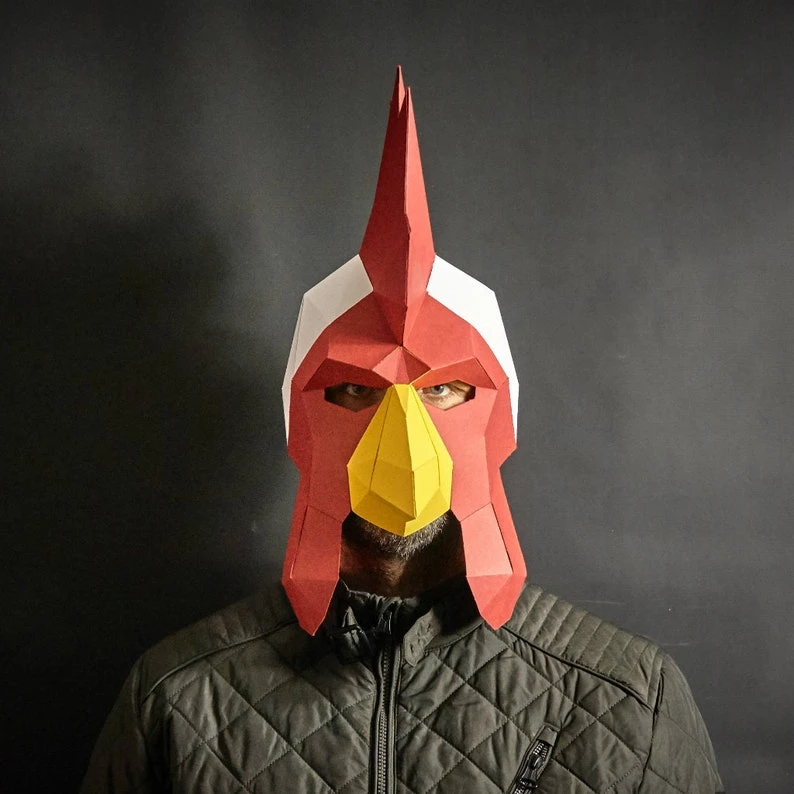 Rooster or Cockrill 3D Papercraft Mask Template, Low Poly Paper Mask, Unique Halloween Costume, Animal Mask, Cosplay PDF Pattern