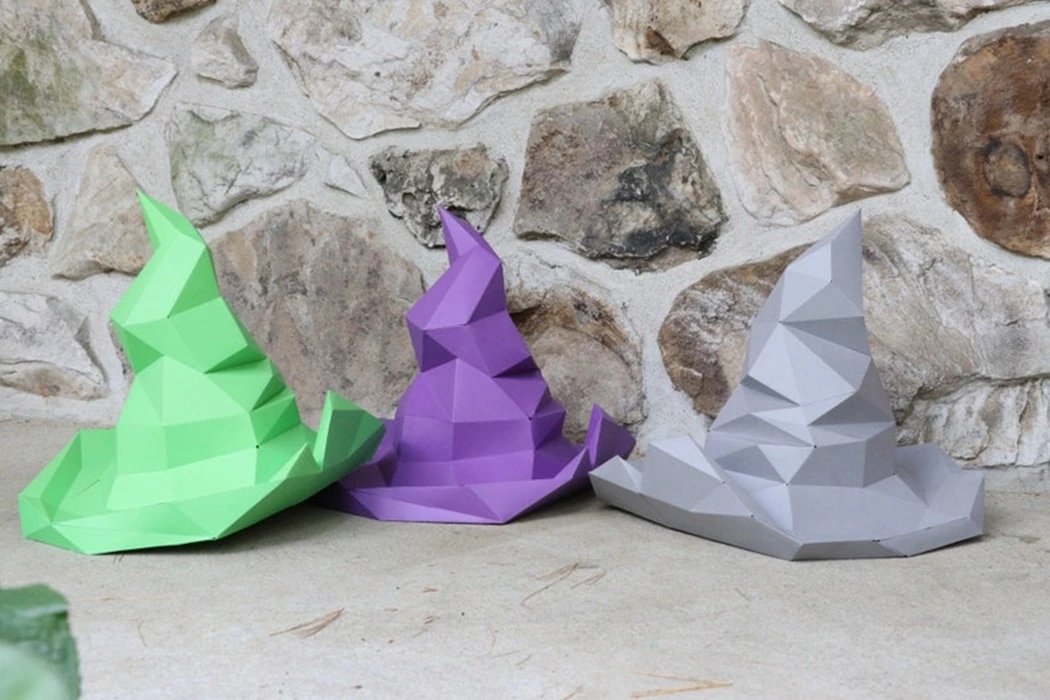 Sorcerer's witch hat 3D papercraft. You get PDF digital file templates and instructions for this DIY modern paper sculpture.