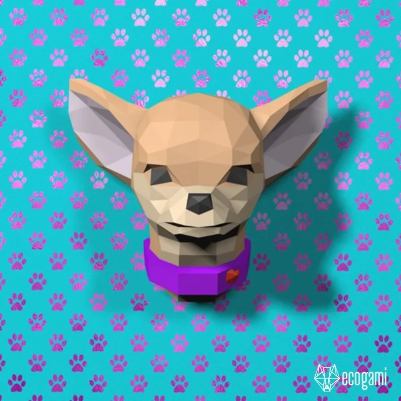 Chihuahua papercraft sculpture, printable 3D puzzle, papercraft Pdf template to make your chihuahua dog wall décor