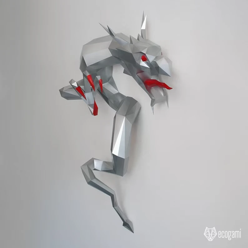 Chinese dragon papercraft sculpture, printable 3D puzzle, papercraft Pdf template to make your dragon wall decor