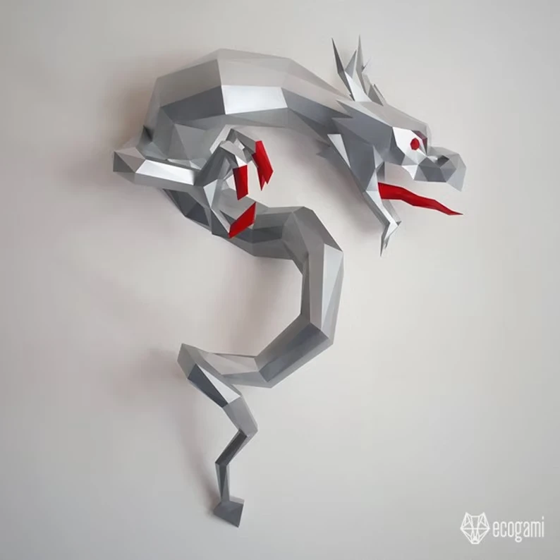 Chinese dragon papercraft sculpture, printable 3D puzzle, papercraft Pdf template to make your dragon wall decor