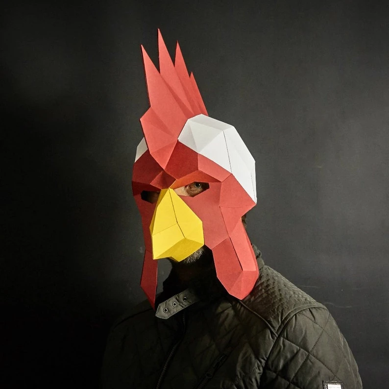 Rooster or Cockrill 3D Papercraft Mask Template, Low Poly Paper Mask, Unique Halloween Costume, Animal Mask, Cosplay PDF Pattern