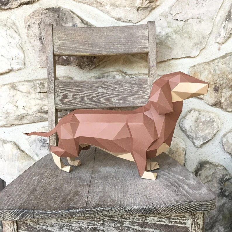 Dachshund dog papercraft. With this purchase you get PDF digital downloadable files for this DIY (do it yourself) paper sculpture.