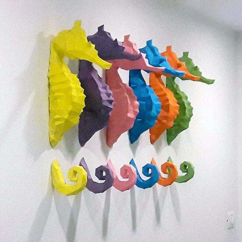 Seahorse papercraft sculpture, printable 3D puzzle, papercraft Pdf template to make your marine life decor