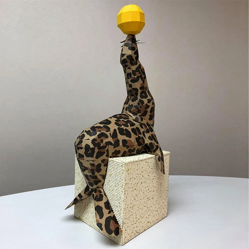 Sea lion papercraft sculpture, printable 3D puzzle, papercraft Pdf template to make your circus decor