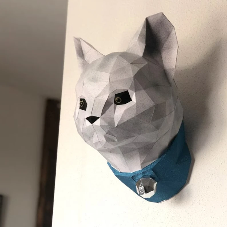 Cat head papercraft sculpture, printable 3D puzzle, papercraft Pdf template to make your cat wall décor