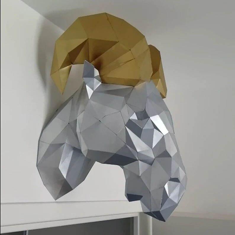 Ram papercraft trophy, printable 3D puzzle, papercraft Pdf template to make your sheep wall decor