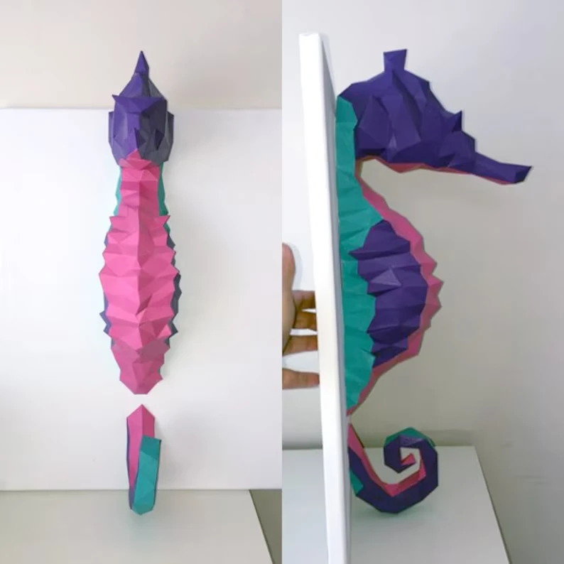 Seahorse papercraft sculpture, printable 3D puzzle, papercraft Pdf template to make your marine life decor