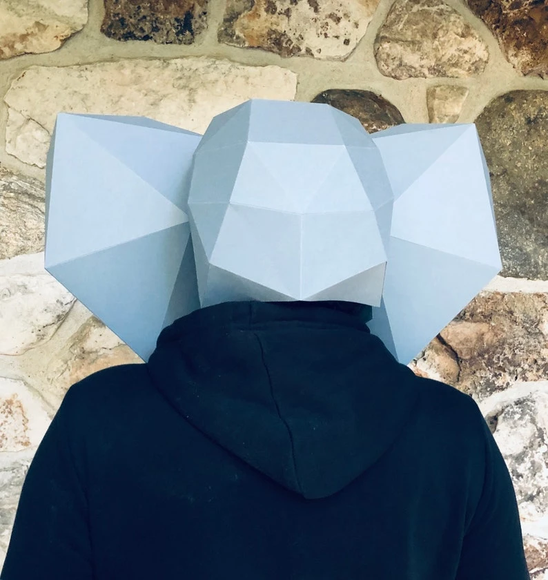 Elephant head mask 3d papercraft. get PDF digital file pattern and instruction for this DIY 3d papercraft low poly paper mask.