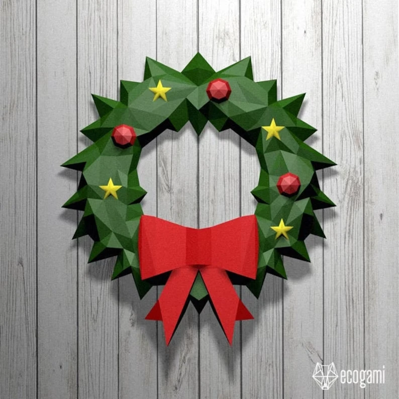 Christmas wreath papercraft sculpture, printable 3D puzzle, papercraft Pdf template to make your Christmas door decor