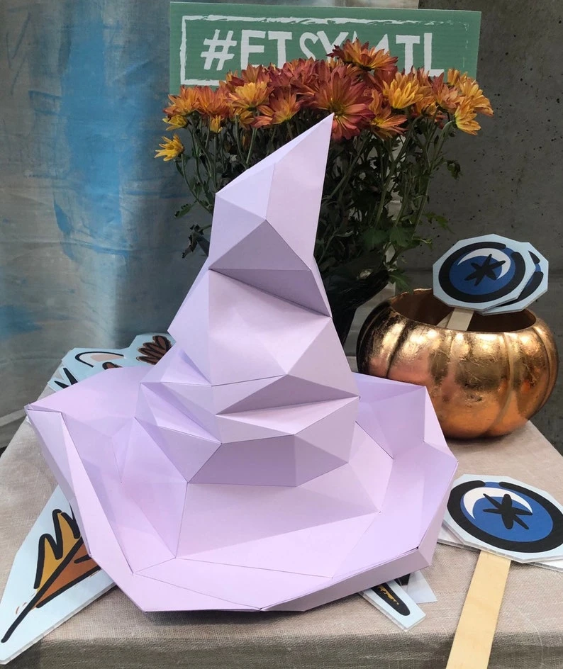 Sorcerer's witch hat 3D papercraft. You get PDF digital file templates and instructions for this DIY modern paper sculpture.