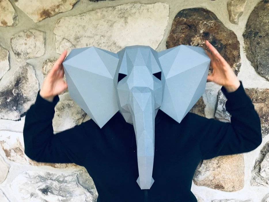 Elephant head mask 3d papercraft. get PDF digital file pattern and instruction for this DIY 3d papercraft low poly paper mask.