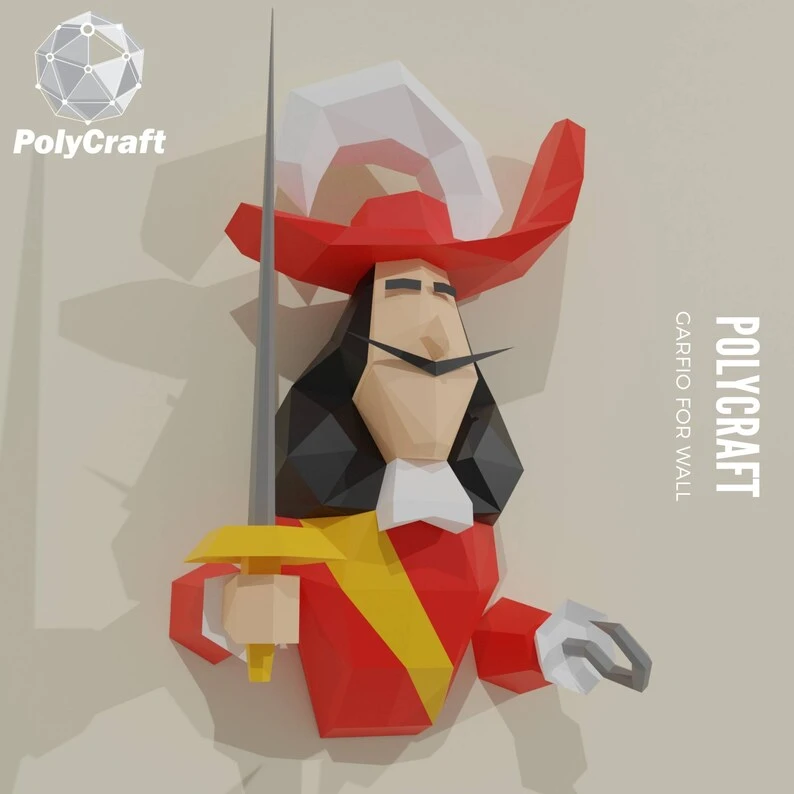 Captain Hook, Papercraft Wall paper model, PDF Pirates template, Peter Pan lowpoly, wall decor DIY, fantasy paper, sculpture, pepakura, Lowpoly, Papercraft, Lowpoly Papercraft