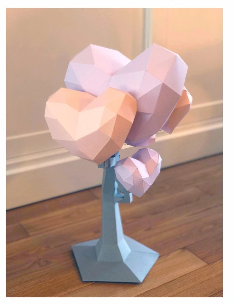 Tree of love 3D papercraft. You get a PDF digital file templates and instruction for this DIY modern paper decoration.