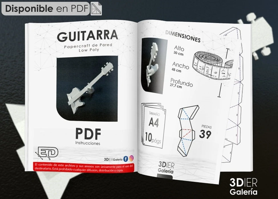 Guitar Design Papercraft with PDF templates to build by hand, Paper Art and Craft for Home Decor, DIY, 3DIER, PDF Patterns, Papercraft Templates, Low Poly