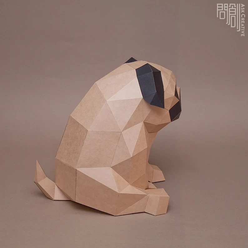 Pug paper model ,Papercraft , DIY , Low poly , PDF Papercraft , Pug Model , Pug low poly , Pug