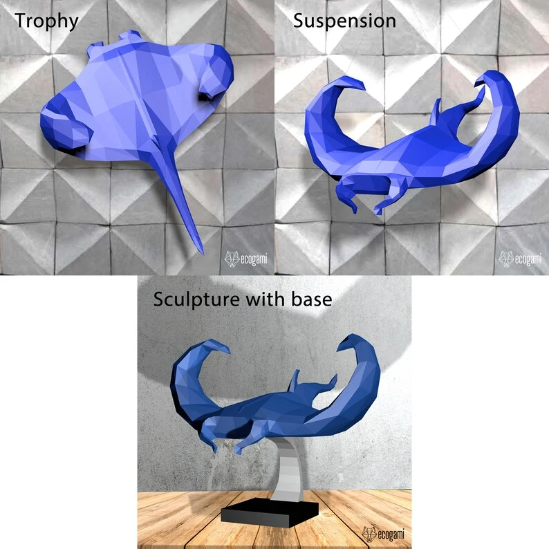 Manta ray papercraft sculpture, printable 3D puzzle, papercraft Pdf template to make your fish paper sculpture