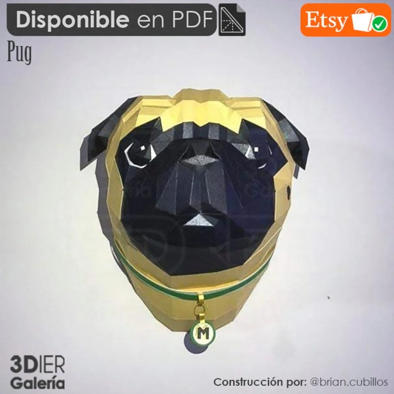 Pug Dog head PDF Papercraft Templates, Paper Art and Craft for Home Decor, DIY, 3DIER, PDF Patterns, Papercraft Templates, Low Poly