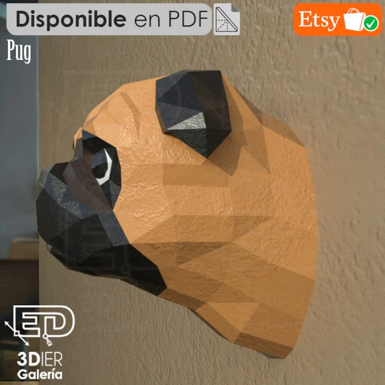 Pug Dog head PDF Papercraft Templates, Paper Art and Craft for Home Decor, DIY, 3DIER, PDF Patterns, Papercraft Templates, Low Poly