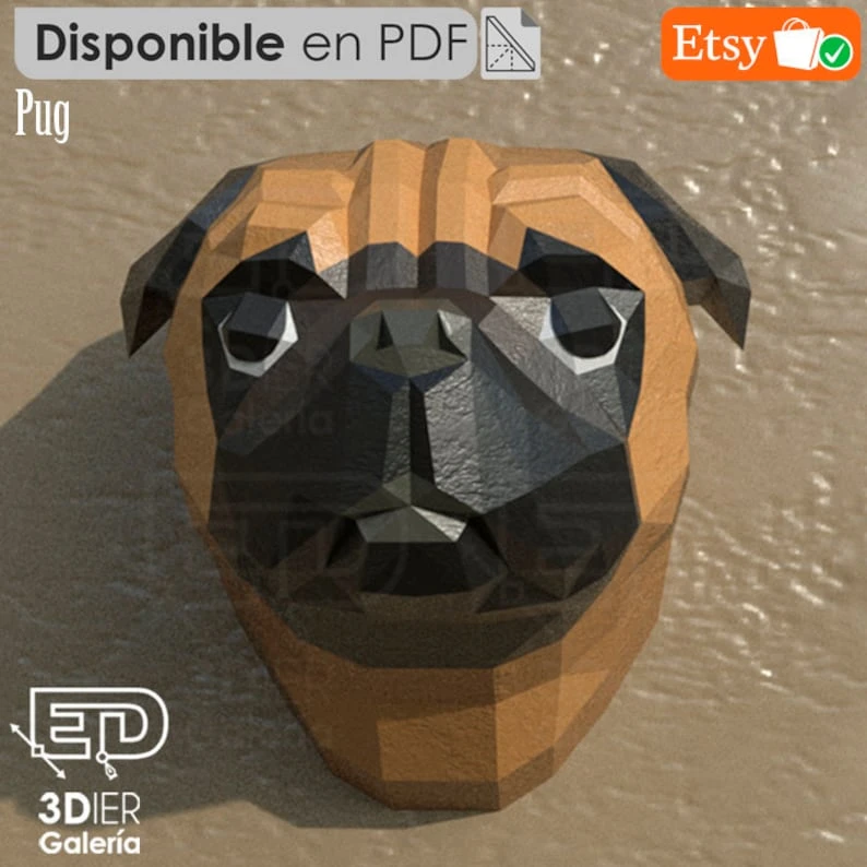 Pug Dog head PDF Papercraft Templates, Paper Art and Craft for Home Decor, DIY, 3DIER, PDF Patterns, Papercraft Templates, Low Poly