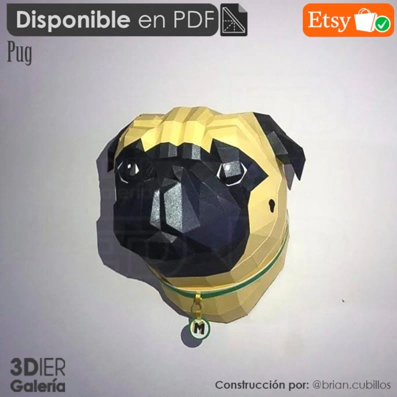 Pug Dog head PDF Papercraft Templates, Paper Art and Craft for Home Decor, DIY, 3DIER, PDF Patterns, Papercraft Templates, Low Poly