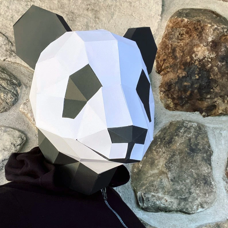 Panda mask 3d papercraft. get PDF digital file pattern and instruction for this DIY 3d papercraft low poly paper mask.