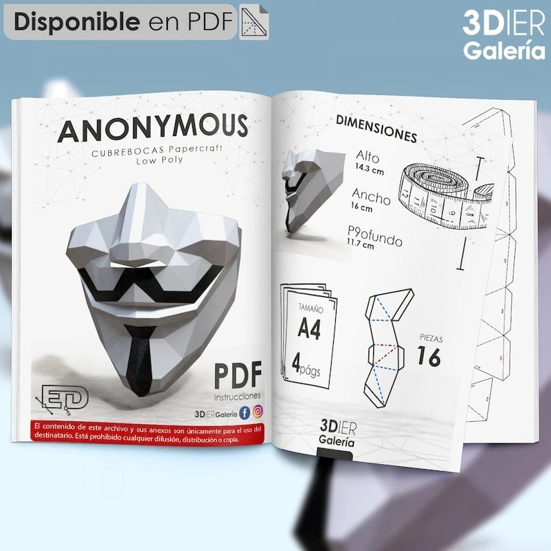 Anonymous Mask PDF Papercraft Templates, Paper Art and Craft for Home Decor, DIY, 3DIER, PDF Patterns, Papercraft Templates, Low Poly