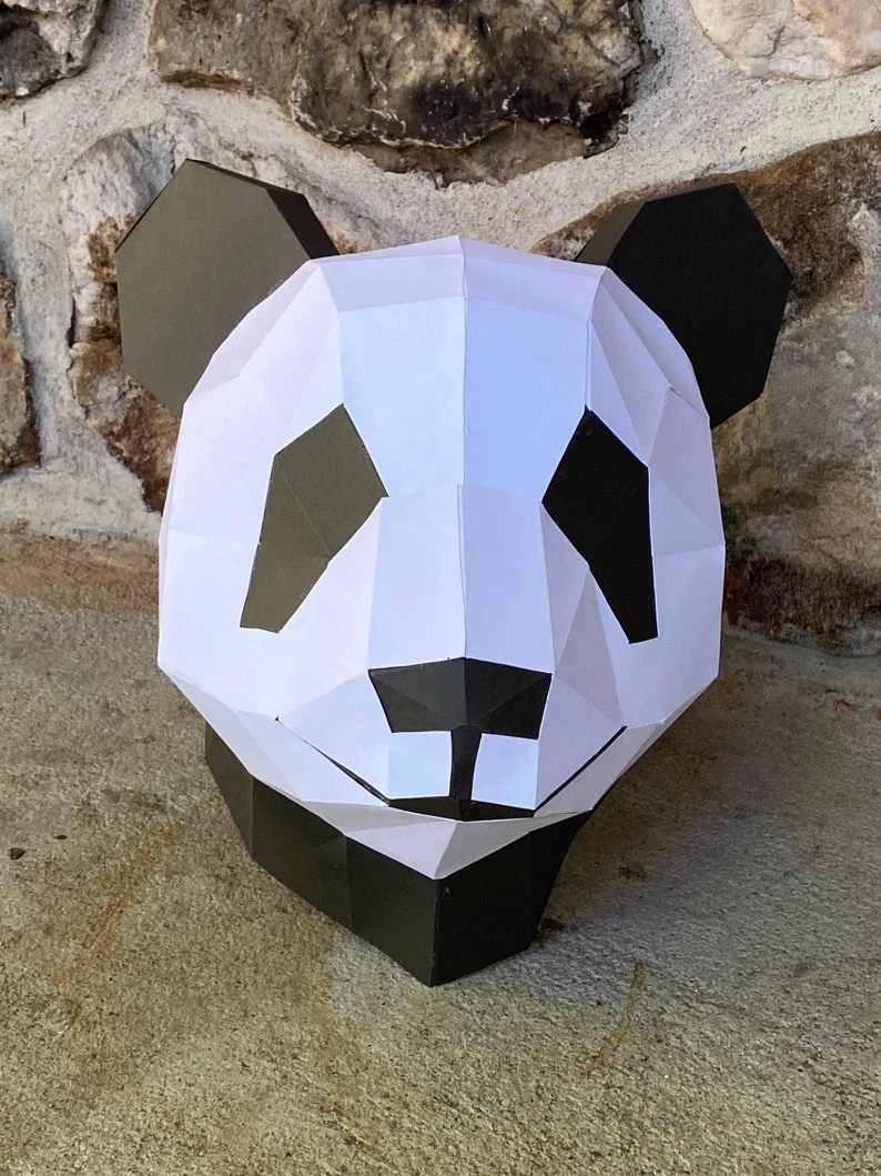 Panda mask 3d papercraft. get PDF digital file pattern and instruction for this DIY 3d papercraft low poly paper mask.