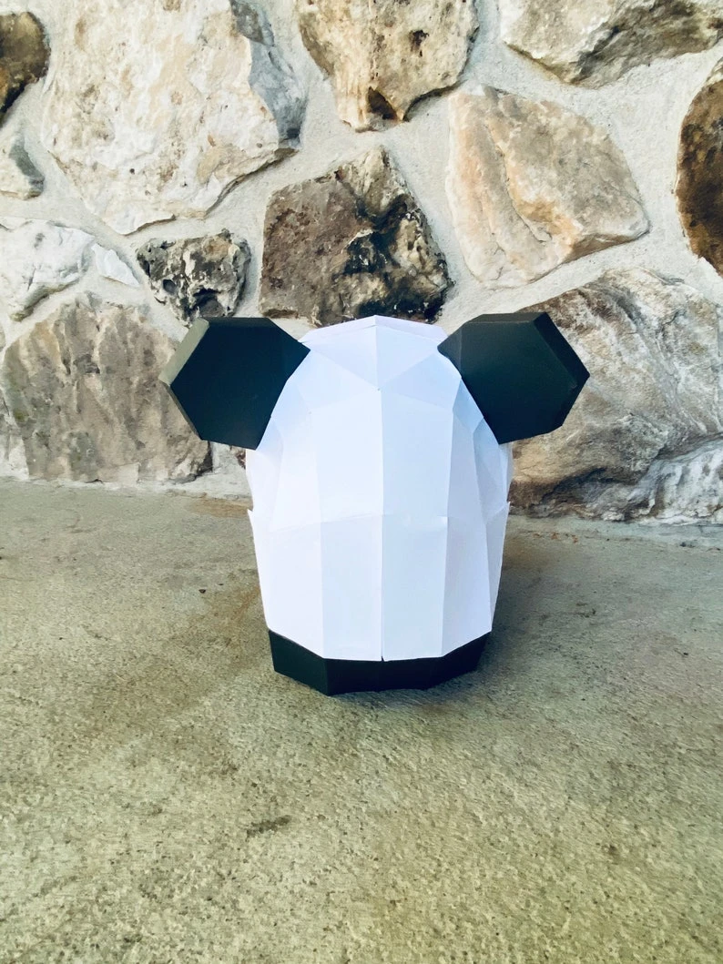 Panda mask 3d papercraft. get PDF digital file pattern and instruction for this DIY 3d papercraft low poly paper mask.