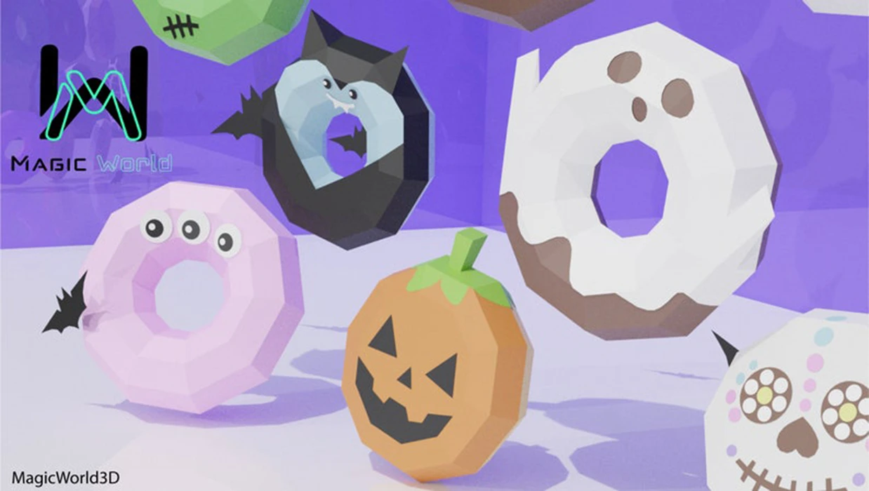 Donuts Halloween x9 Low Poly, Papercraft, PDF template, Paper model, Sculpture, 3D puzzle, Polygonal model, Lowpoly