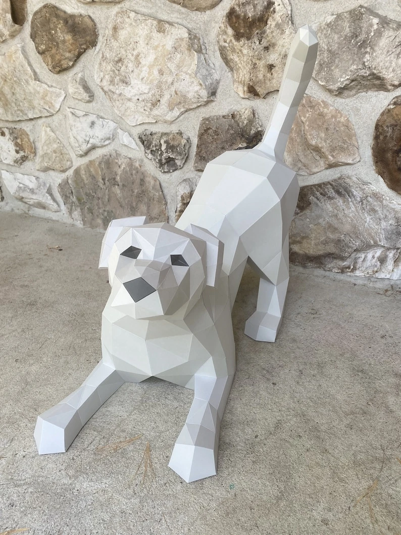 Playful Dog Papercraft. You get a PDF digital file templates and instructions for this DIY modern lowpoly paper sculpture.