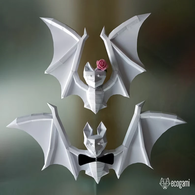 Bat papercraft sculptures, printable 3D puzzle, 3D papercraft Pdf template to make your DIY Halloween decor