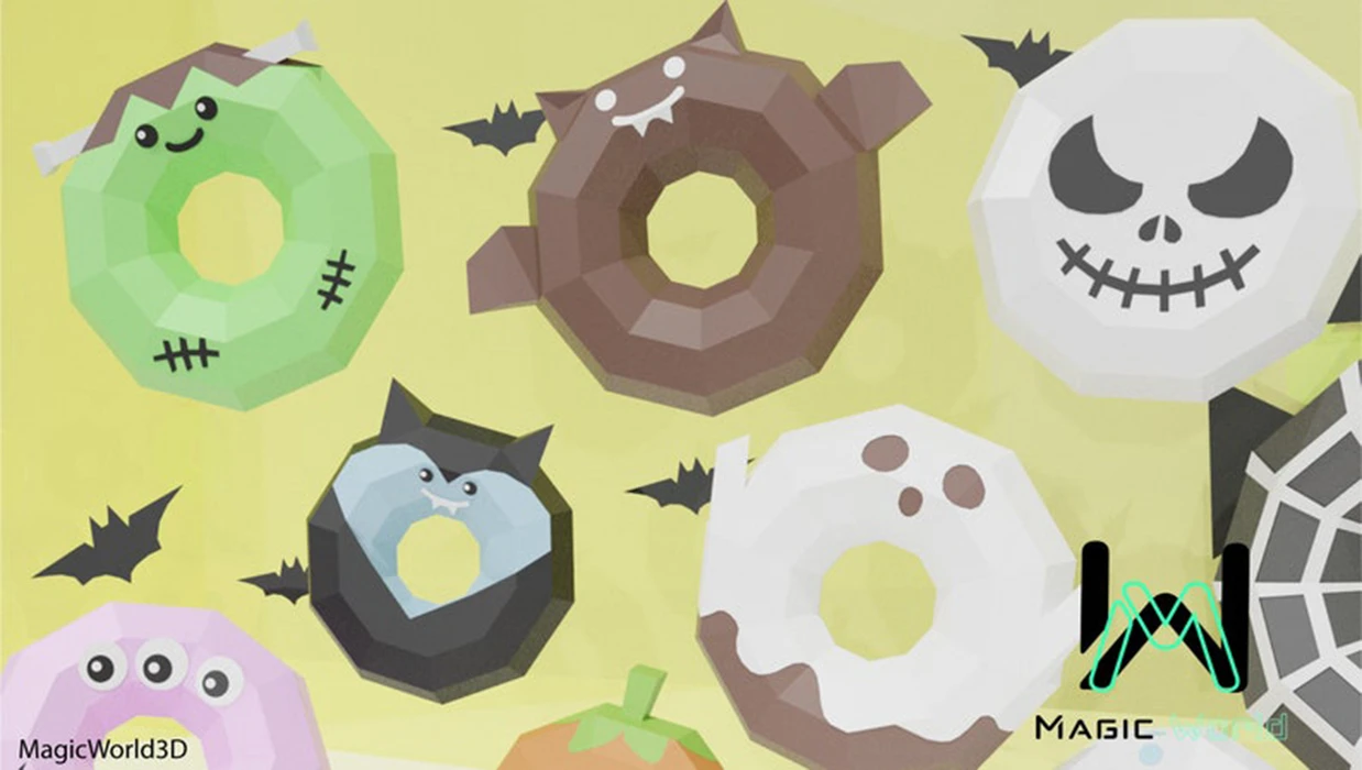 Donuts Halloween x9 Low Poly, Papercraft, PDF template, Paper model, Sculpture, 3D puzzle, Polygonal model, Lowpoly