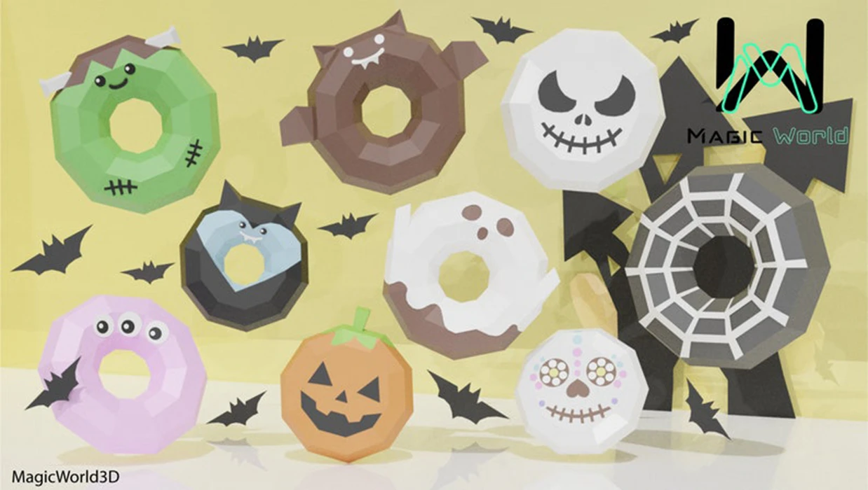 Donuts Halloween x9 Low Poly, Papercraft, PDF template, Paper model, Sculpture, 3D puzzle, Polygonal model, Lowpoly