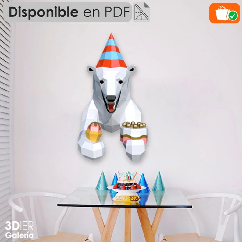 Polar Bear Birthday and Christmas PDF Papercraft Templates, Paper Art and Craft for Home Decor, DIY, 3DIER, PDF Patterns, Papercraft Templates, Low Poly