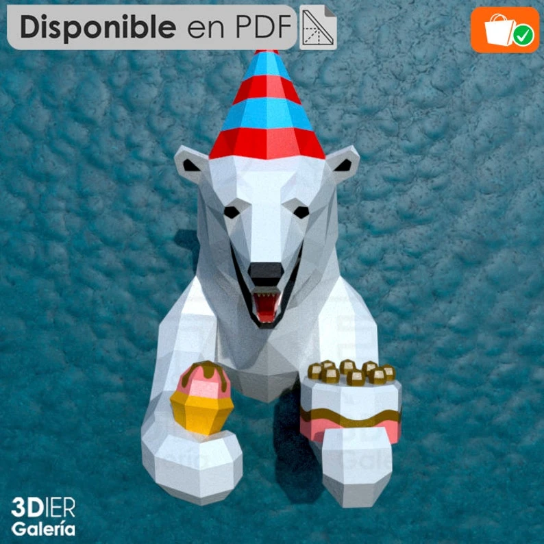 Polar Bear Birthday and Christmas PDF Papercraft Templates, Paper Art and Craft for Home Decor, DIY, 3DIER, PDF Patterns, Papercraft Templates, Low Poly