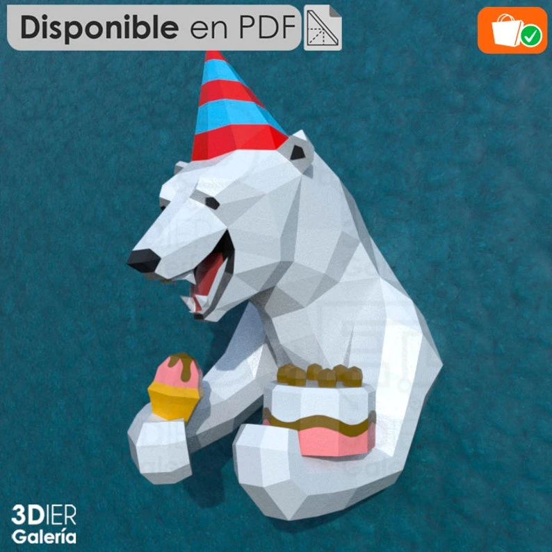 Polar Bear Birthday and Christmas PDF Papercraft Templates, Paper Art and Craft for Home Decor, DIY, 3DIER, PDF Patterns, Papercraft Templates, Low Poly